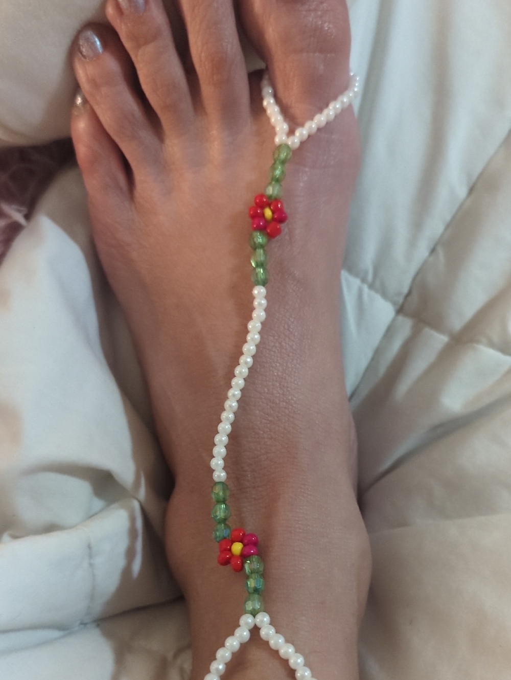 Beaded Pearlescent Foot Jewelry with Green and Red Flower Accents